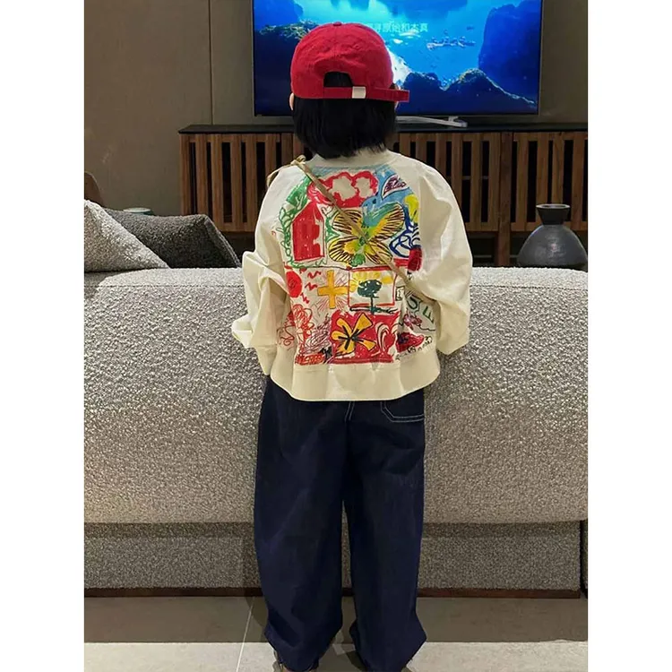 儿童涂鸦外套春秋女童新款洋气外套宝宝春秋棒球服韩版