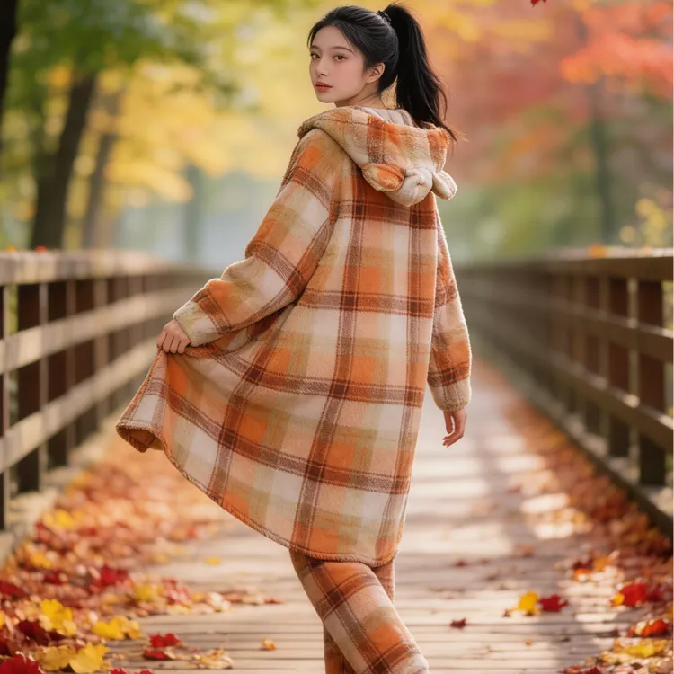 圆圆专属【秋日落叶费尔岛】零下10°双层加厚款baby绒冬睡袍家居服