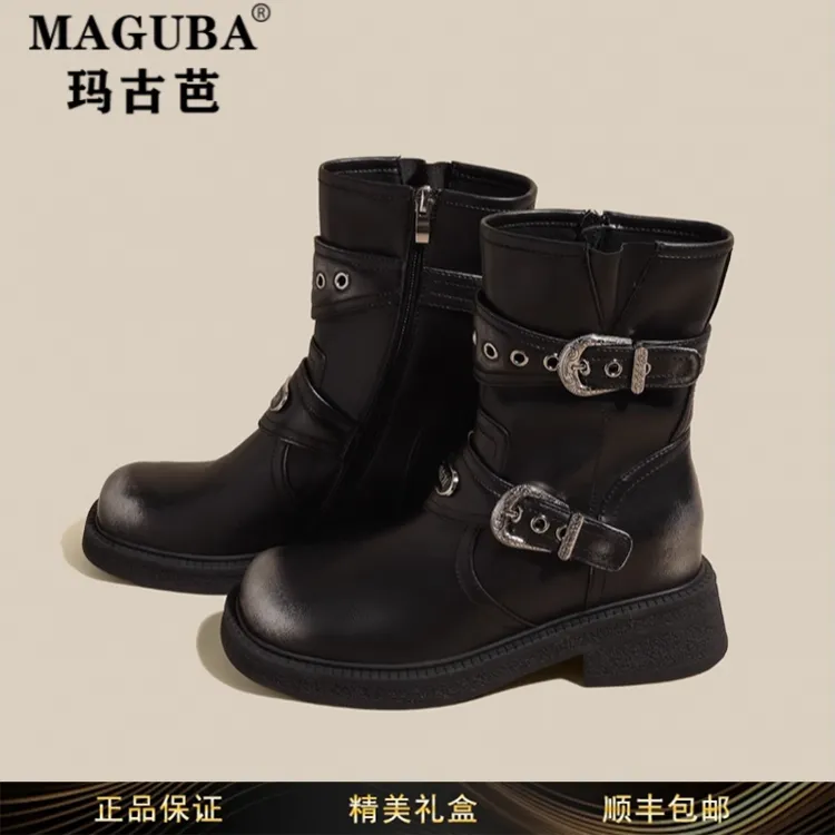 玛古芭女鞋英伦风内增高马丁靴女新款秋季复古厚底小个子中筒靴
