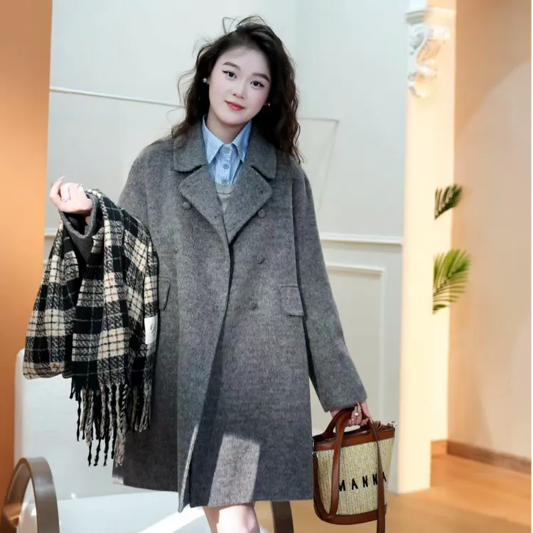 2025娃娃领秋冬中长款时尚百搭女毛呢双面A版加厚外套668899