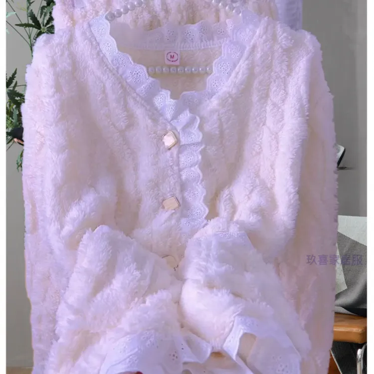 宽松款珊瑚绒保暖睡衣女款纯色冬季居家服女套装长袖家居服外穿