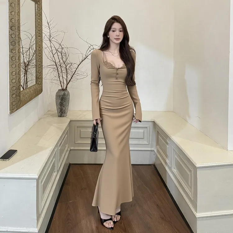 芭比腰臀 纯欲风蕾丝花边假两件连衣裙爆款2025气质显身材鱼尾裙