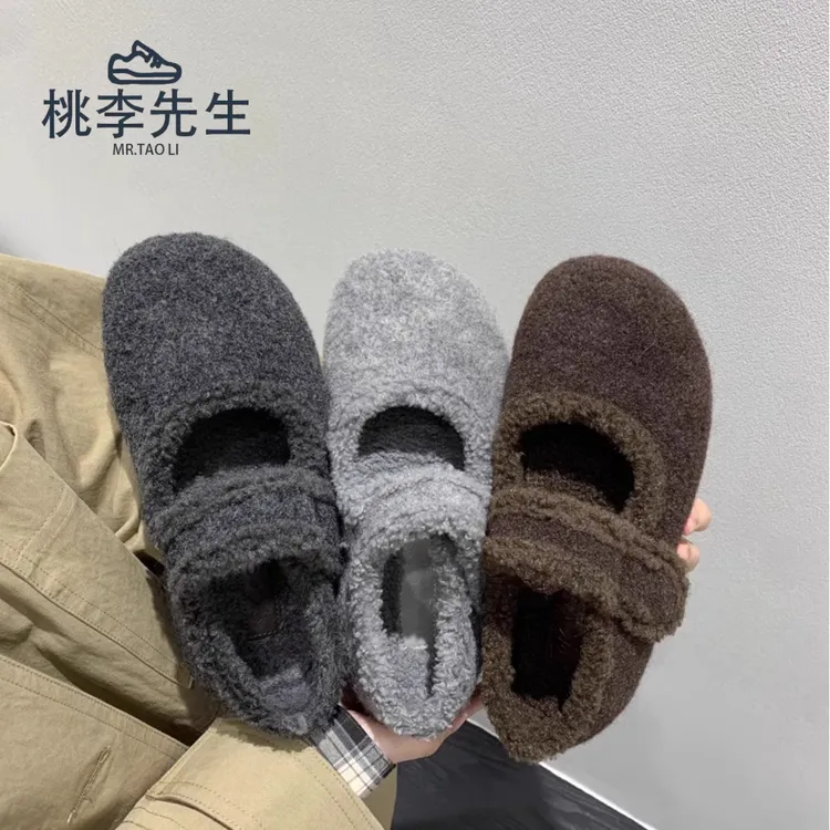 休闲女鞋加绒秋冬配裙子保暖玛丽珍鞋毛毛鞋内增高单鞋毛呢料软底
