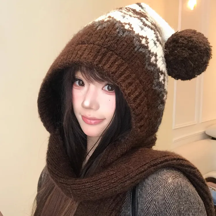 复古费尔岛风咖色巴拉克拉法帽女冬保暖毛线帽子围巾一体连帽围脖