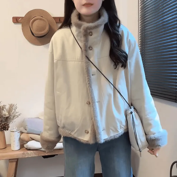 双面穿毛毛立领短款外套女冬季复古工装宽松加厚加绒保暖夹克上衣