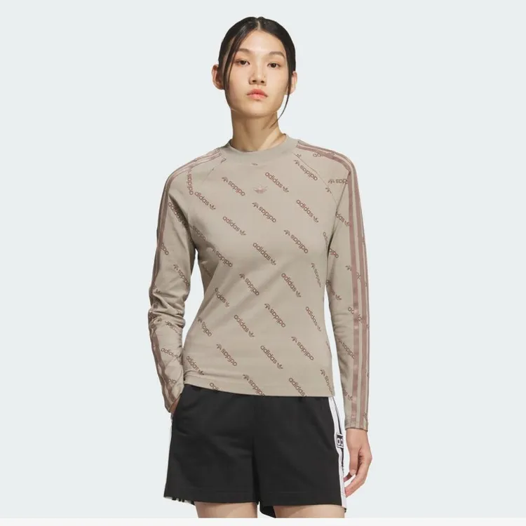 Adidas/阿迪达斯【双旦礼】三叶草女子流光风满印logo针织修身长袖T