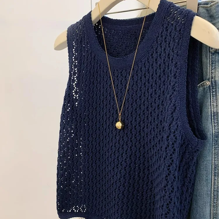 冰丝镂空编织针织背心女薄款夏季设计感小众外穿显瘦工字无袖上衣