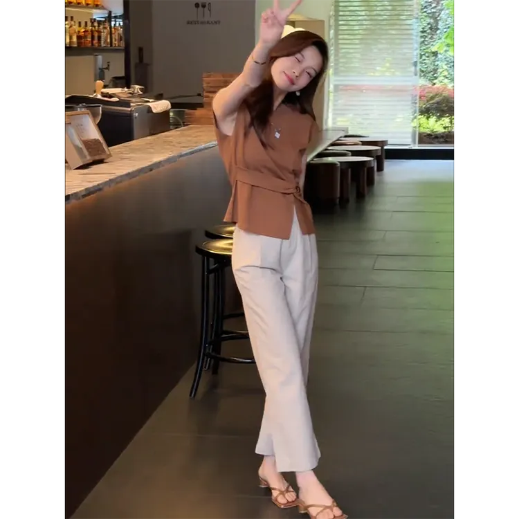 夏季韩版女套装气质女神范减龄显瘦短袖上衣洋气小个子九分休闲裤