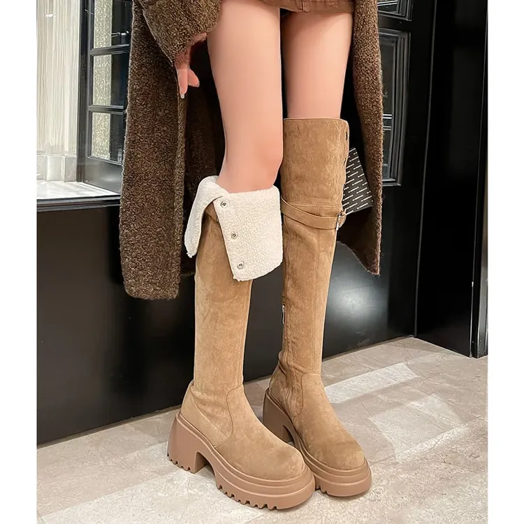 巨显高8cm两穿过膝长靴长筒靴加绒加厚底高筒显瘦瘦靴骑士弹力靴