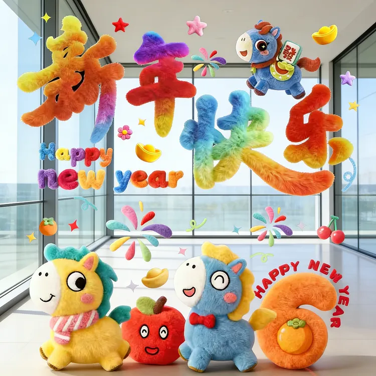 新款马年窗贴5D可爱小马静电贴橱窗玻璃装饰品过年布置装饰墙挂件