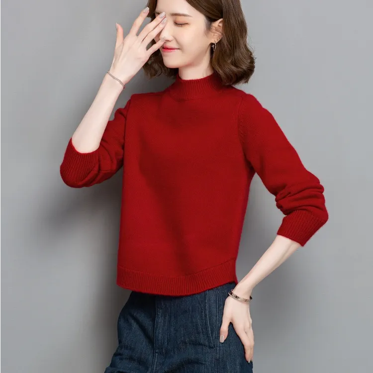 短款红色新年毛衣秋冬新款半高领时尚减龄百搭套头加厚打底衫喜庆