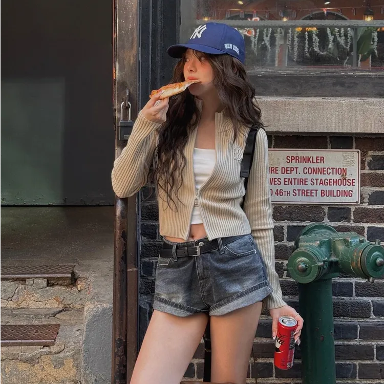 双拉链立领短款针织衫女秋季2025新款法式修身显瘦长袖设计感上衣