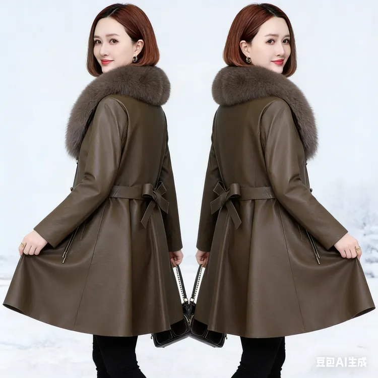 真皮羽绒服中长款长袖冬季极简风系带皮衣鸭绒服女士大衣修身加厚