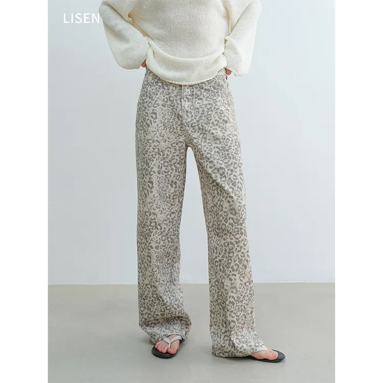 离森美式豹纹复古水洗纯棉牛仔直筒裤低调休闲显腿长直款裤