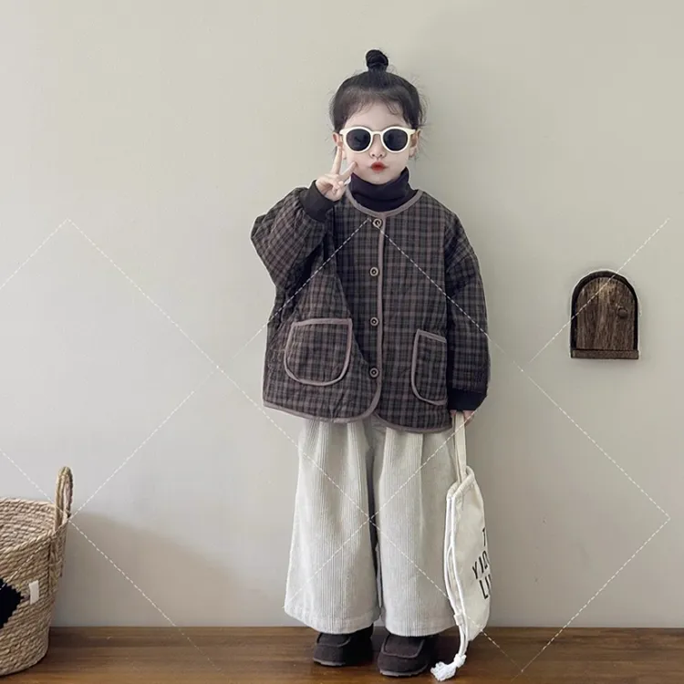 韩版森系童装2025冬季新款儿童复古格子加厚夹棉棉服女童保暖棉衣