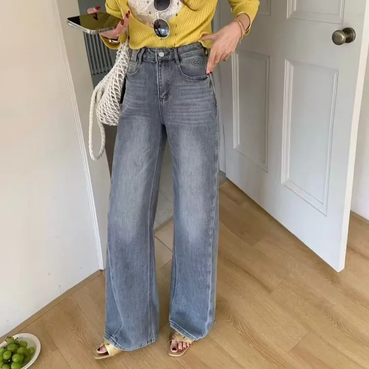 【裤博汇】1003韩系新面料高弹陨石灰腊肠狗牛仔高腰显瘦阔腿直筒裤