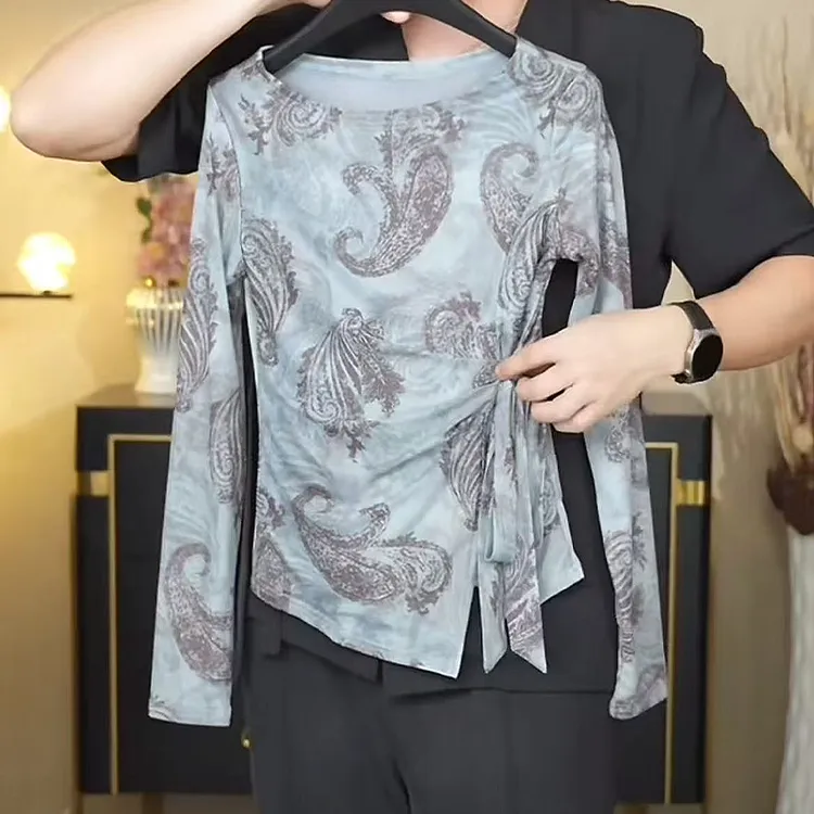 【观梦青佩】秋冬新款腰果花印花蝴蝶绑带T恤女打底衫气质潮流洋气