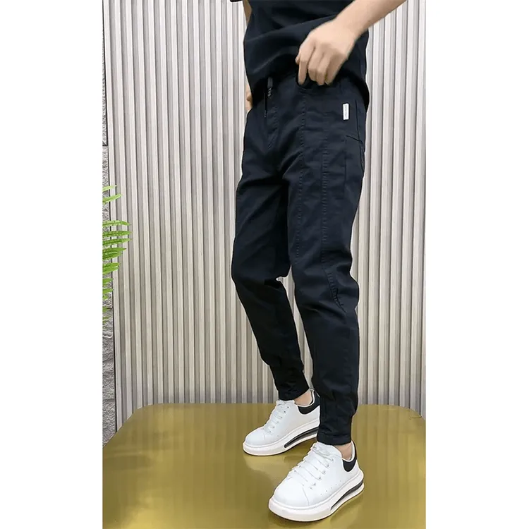 夏季休闲裤男士修身小脚夏天新款工装裤超薄青年弹力黑色运动裤子