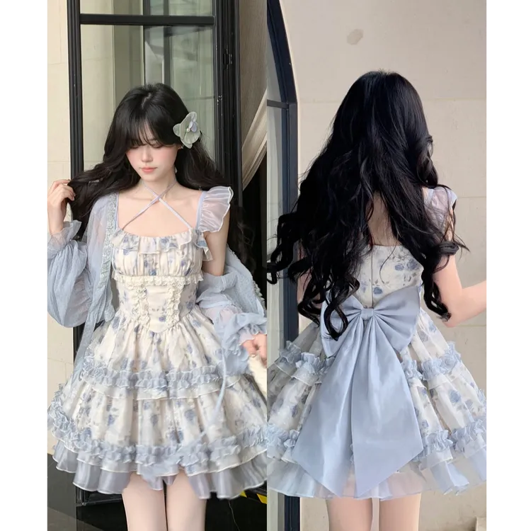 11693大码女装少女蓬蓬公主裙小飞袖碎花蝴蝶结蛋糕连衣裙