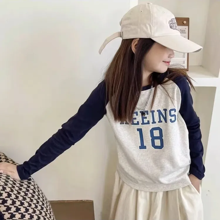 【欧若风】儿童纯棉长袖T恤男女童打底撞色拼接洋气中大童百搭上衣