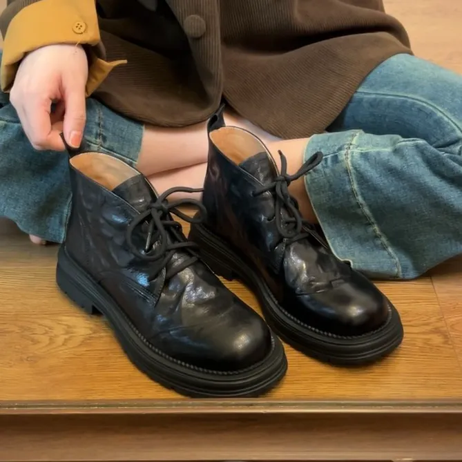 牛皮版~复古圆头系带短筒马丁靴女2025秋冬新款厚底百搭通勤短靴