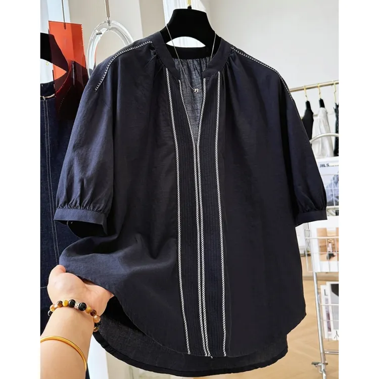 00707韩系高级感重工刺绣短袖衬衫女夏季法式小资上衣超好看小衫