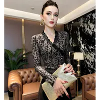 NY#秋季上衣豹纹印花蕾丝港风不规则长袖女修身显瘦打底A358H