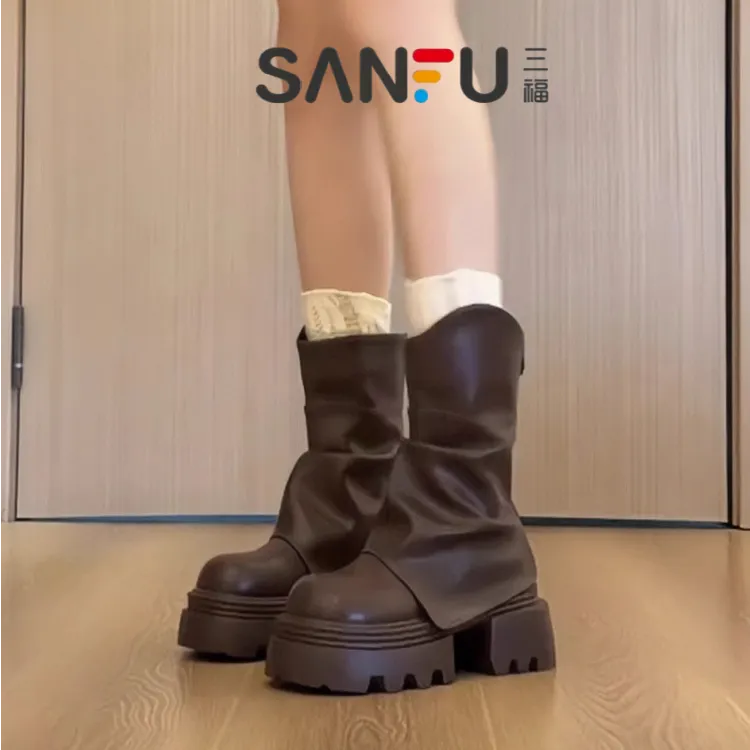 棕色美拉德厚底马丁靴女2025新款秋季单靴短靴增高堆堆裤管靴