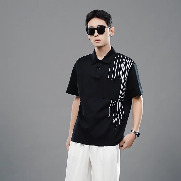 【RHETT KELLEY】夏季新款潮流镭射条纹撞色拼接翻领短袖男士POLO衫