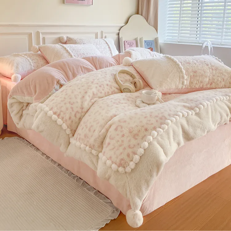 冬季加绒兔兔绒四件套公主风珊瑚绒双面绒被套加厚少女牛奶绒床单