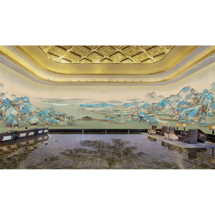 新中式千里江山墙布壁画手绘高清背景墙大堂背景沙发电视床头背景