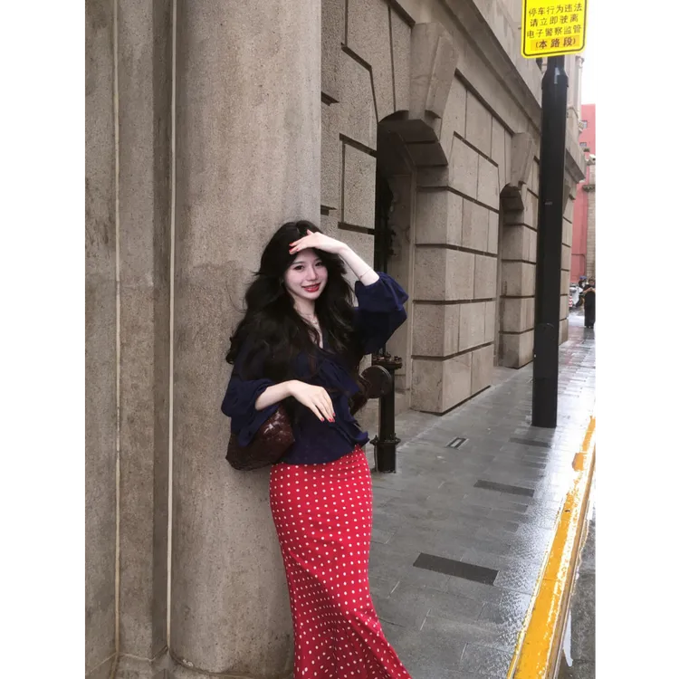 parkyeon法式轻熟风薄款V领防晒衬衫女时尚波点鱼尾半身裙套装