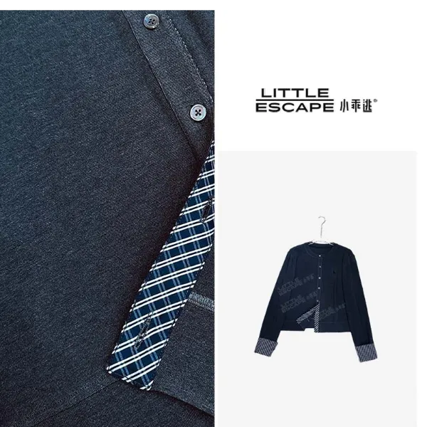 小乖逃休闲时尚灰色开衫T恤百搭长袖拉夫格子袖小鹿T8021