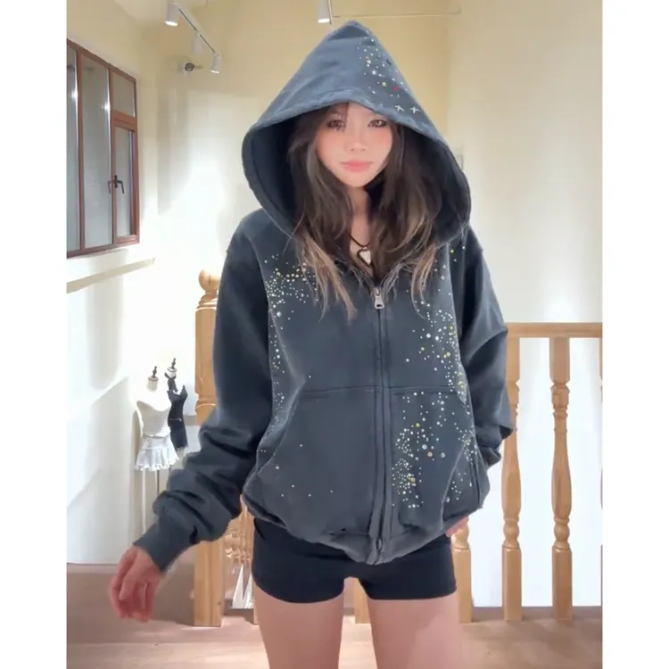 美式复古烫钻卫衣外套女2025秋季新款设计感水洗做旧连帽开衫上衣