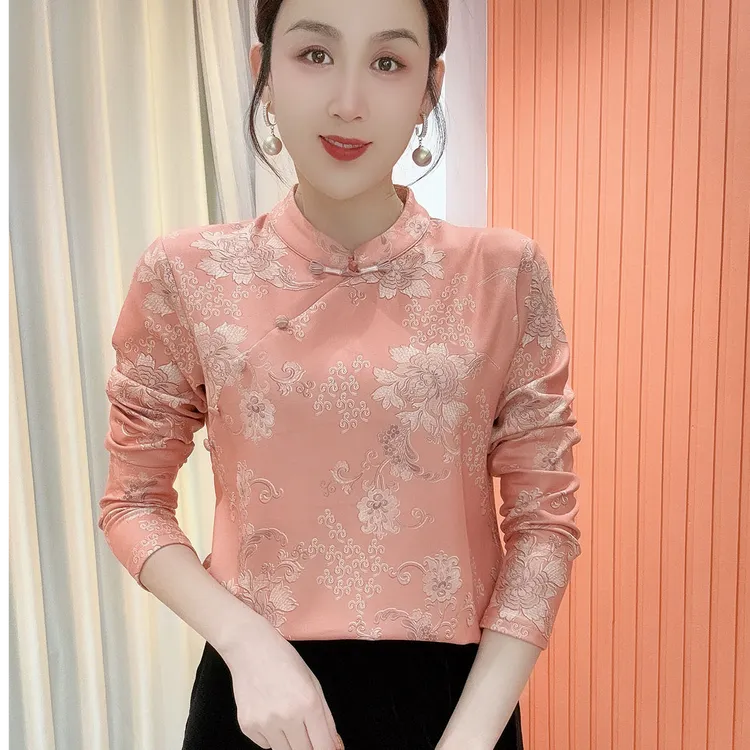 2025冬季新款立领印花气质百搭时尚长袖减龄加绒打底衫上衣女860