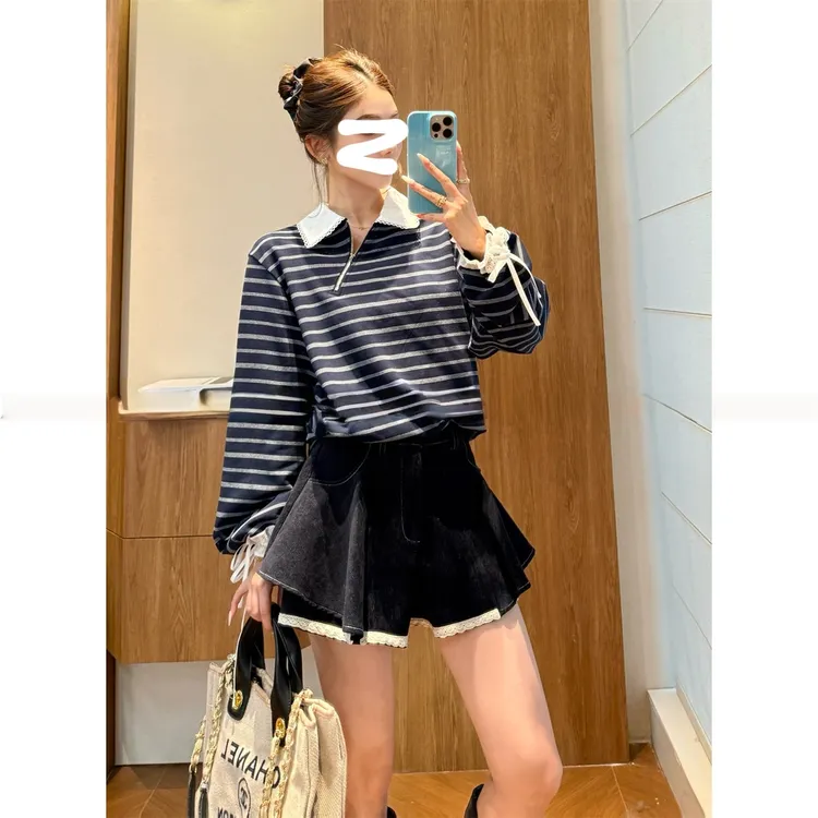 「高智秀场」秋季新款小众设计POLO领条纹长袖宽松针织上衣S11138