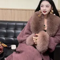 LHMknk1活动画报夫人原创自制秋冬贵妇青果领山楂色绒面针织大衣