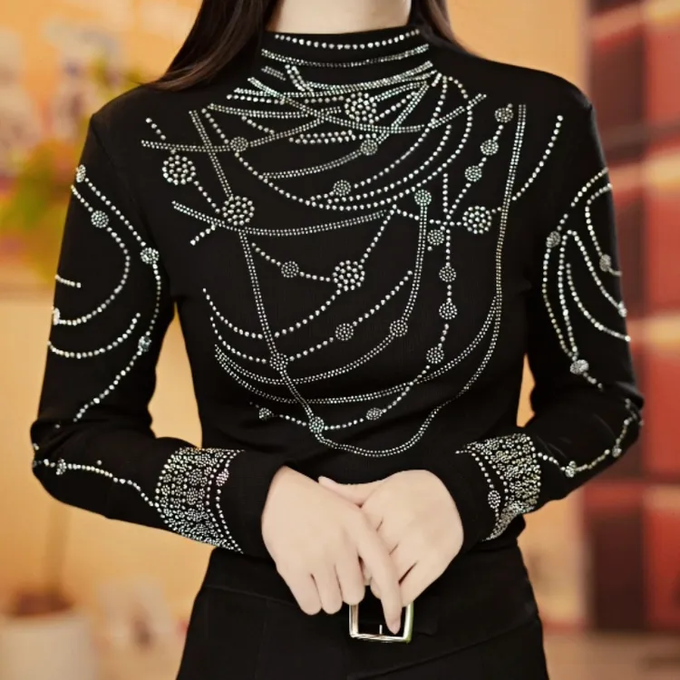 2025欧货重工烫钻打底衫轻奢链条满钻时尚气质长袖德绒上衣女