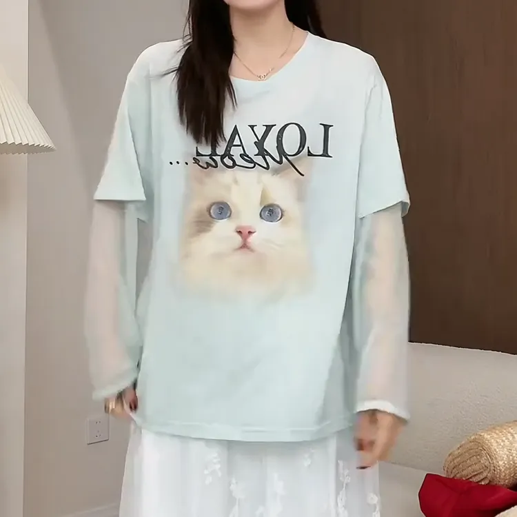 【精致猫猫T】2025夏季微胖轻奢设计款夏假两件拼接T恤女LK2503898