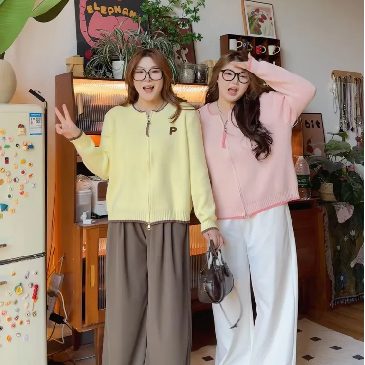 3310大码女装新款胖mm双拉链针织开衫女秋冬P字母刺绣毛衣外套