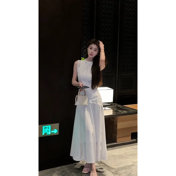 MARIE.COCO法式白色蕾丝拼接无袖连衣裙女装收腰显瘦A字长裙子