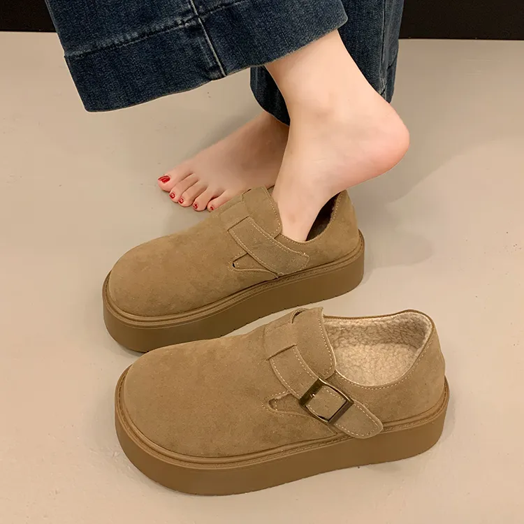 女士秋冬英伦风勃肯鞋全包单鞋加绒2025新款棉鞋厚底一脚蹬乐福鞋