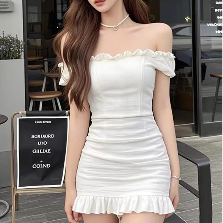 夏季中腰一字肩短袖连衣裙显瘦高腰收腰礼服褶皱气质修身时尚裙子