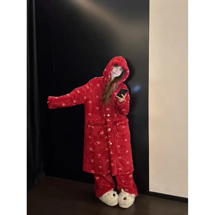【DMXJ大梦想家】圣诞新年红连帽睡袍女冬季新款珊瑚绒家居服两件套