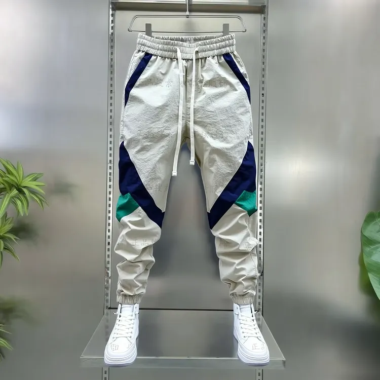潮牌冰丝拼色休闲裤男夏季薄款速干哈伦九分裤时尚百搭束脚运动裤