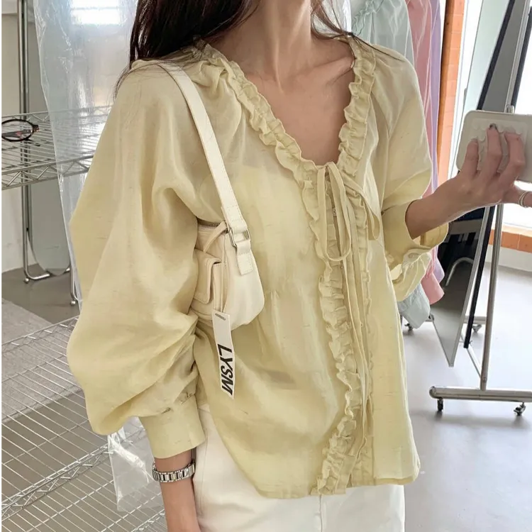 夏季薄款甜美风花边拼接系带长袖衬衫宽松百搭小衫2025