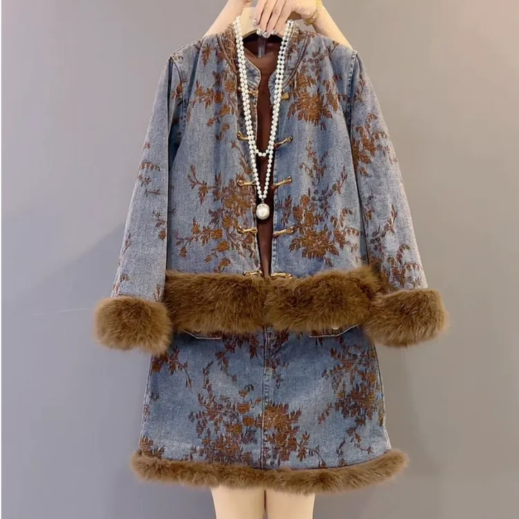 新款大码牛仔新中式加棉国风植绒提花牛仔加棉外套+半身裙套装