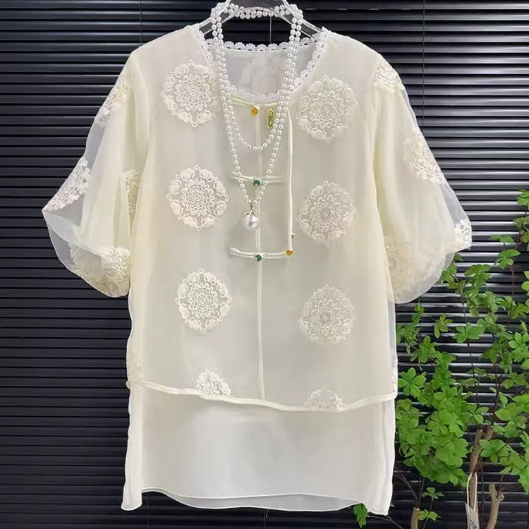 时尚气质国风遮肉显瘦大码胖妹妹刺绣民族风盘扣设计感短袖上衣
