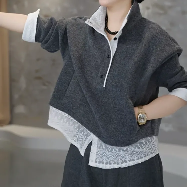 可可设计感蕾丝拼接厚款假两件卫衣2025冬季新款女款百搭长袖上衣