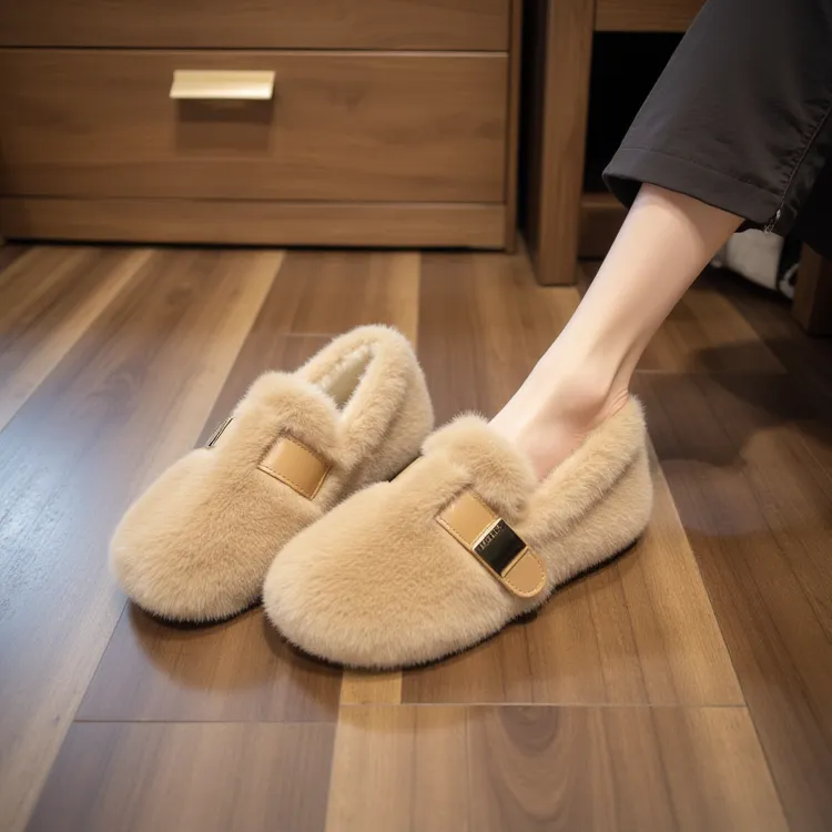 水貂绒毛毛鞋女秋冬外穿一脚蹬豆豆鞋加绒保暖雪地靴孕妇软底棉鞋